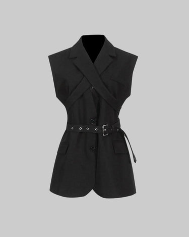 Black Blazer for Women - Simple Spring Autumn Sleeveless Belt Collared Design